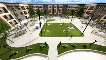 A rendering of a courtyard with a grassy area and people sitting on benches.